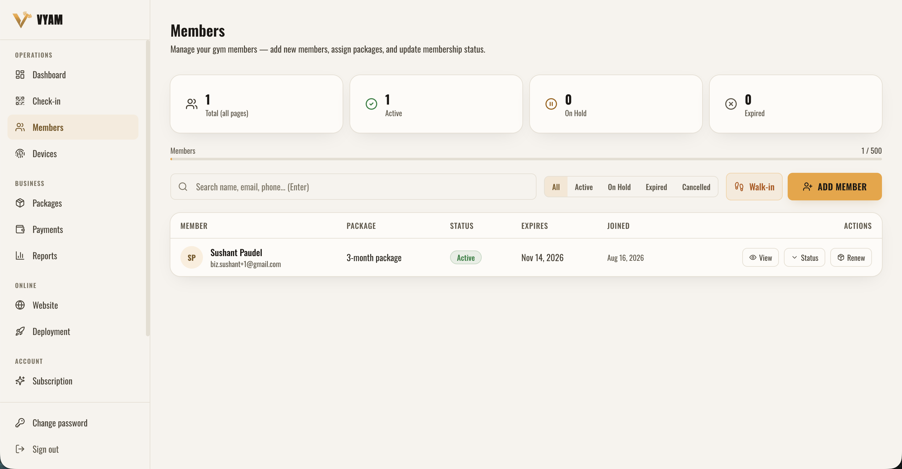 Vyam gym management dashboard showing member records, renewals and check-ins